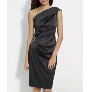 Eliza J One-Shoulder Beaded Satin Formal Cocktail Evening Dress Black Size 6